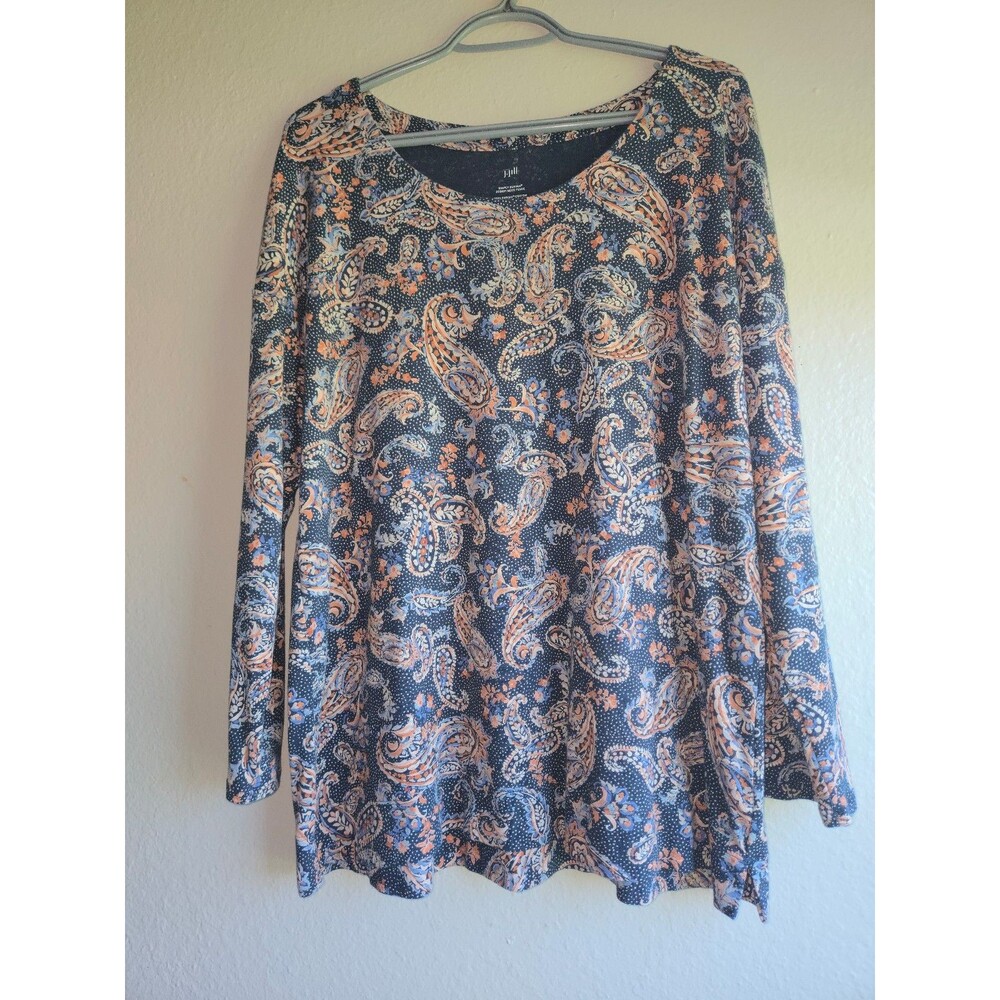 J.Jill 100% Supima Cotton Scoop Neck Tunic Paisley Print Blue Earth Tones Size L